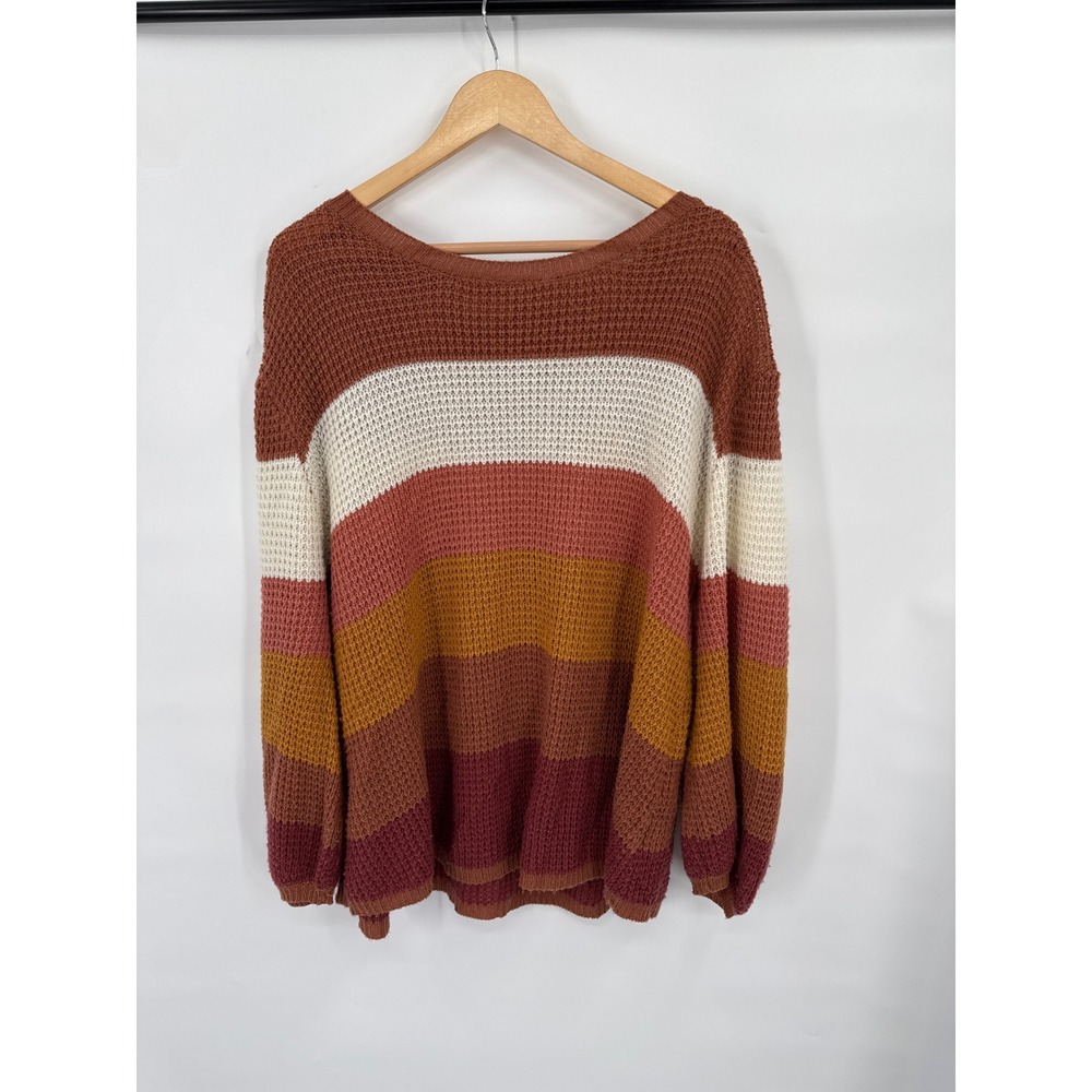 Umgee Waffle Knit Sweater Womens L Striped Oversized Fall Comfy Cozy Boho Baggy